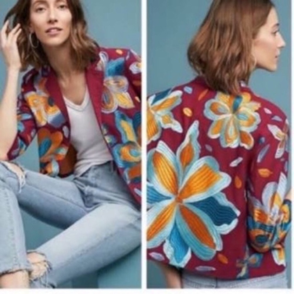 Anthropologie Ett:Twa Embroidered Boho Floral Cropped Jacket Women’s Sz Small